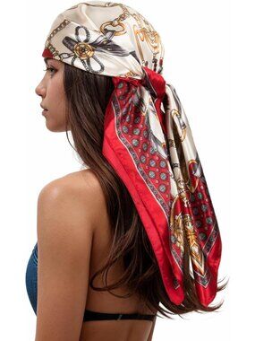 Womens Red Ivoy Printed Square Scarf Bandanas Hair Scarf 35 Inches